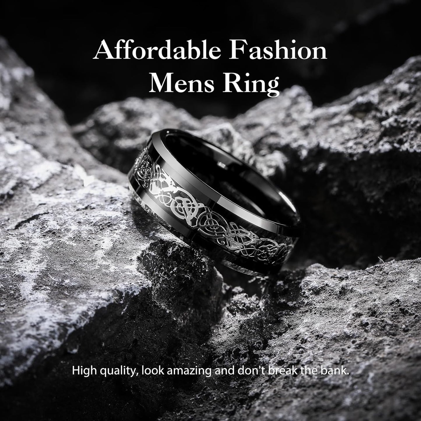 King Will DRAGON Men's 8mm/6mm/5mm Red/Green Carbon Fiber Black Celtic Dragon Tungsten Carbide Ring Comfort Fit Wedding Band