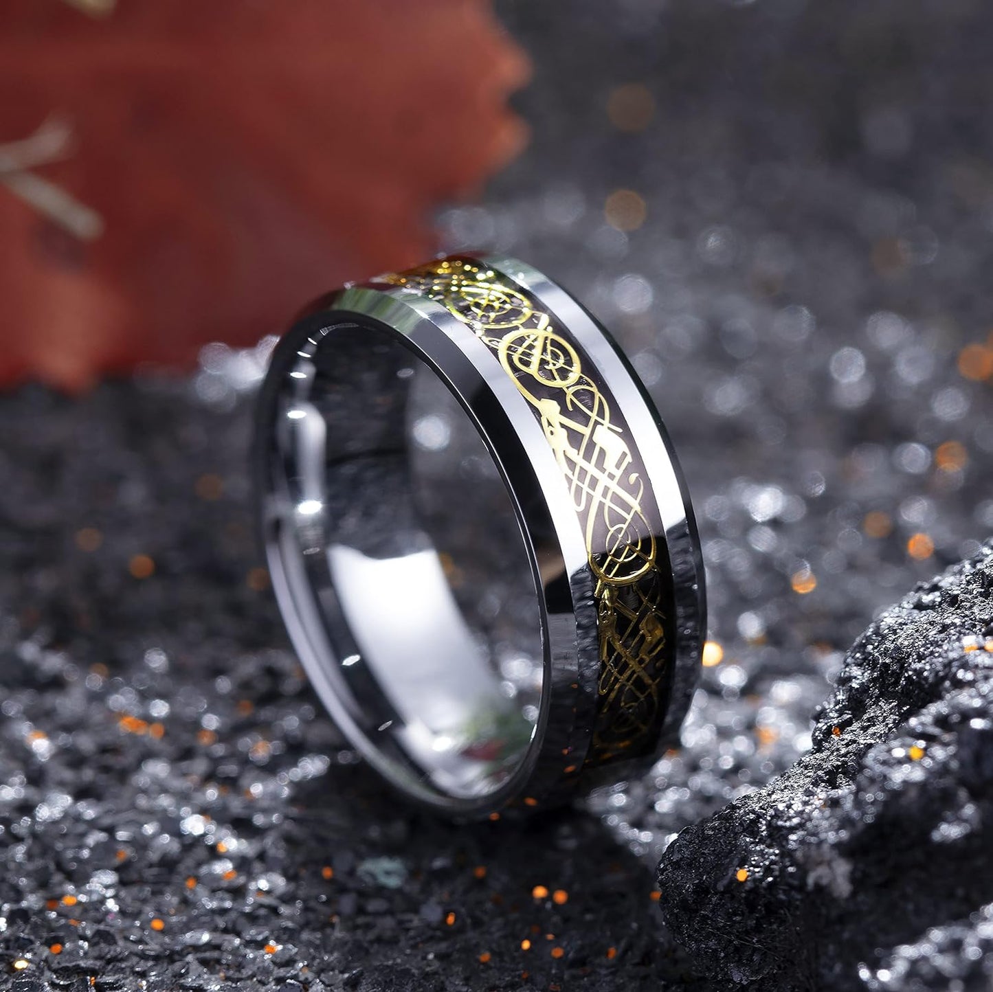 King Will DRAGON Men's 8mm/6mm/5mm Red/Green Carbon Fiber Black Celtic Dragon Tungsten Carbide Ring Comfort Fit Wedding Band