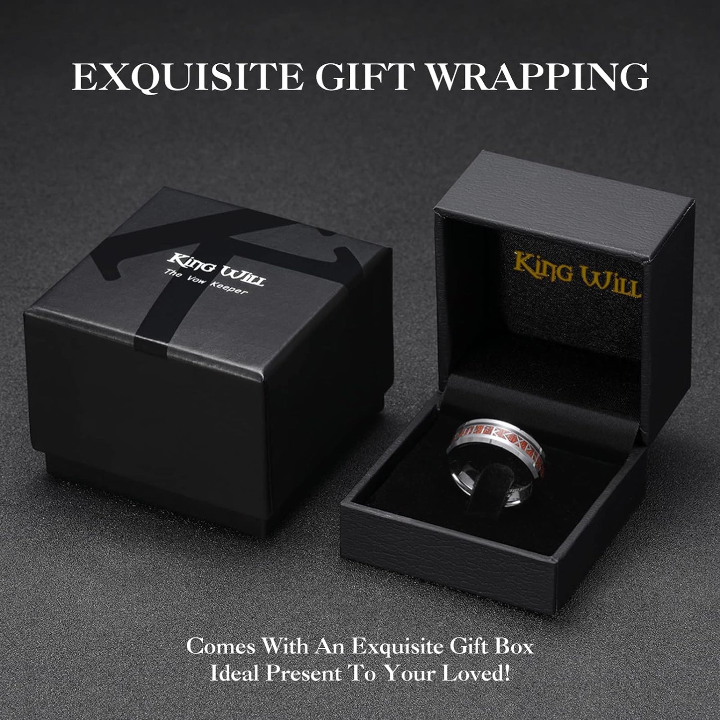 King Will Tungsten Carbide Wedding Band for Men - 8mm Black Plated High Polished Inlay Norse Viking Rune Rings for Any Ocassion Ring Comfort Fit