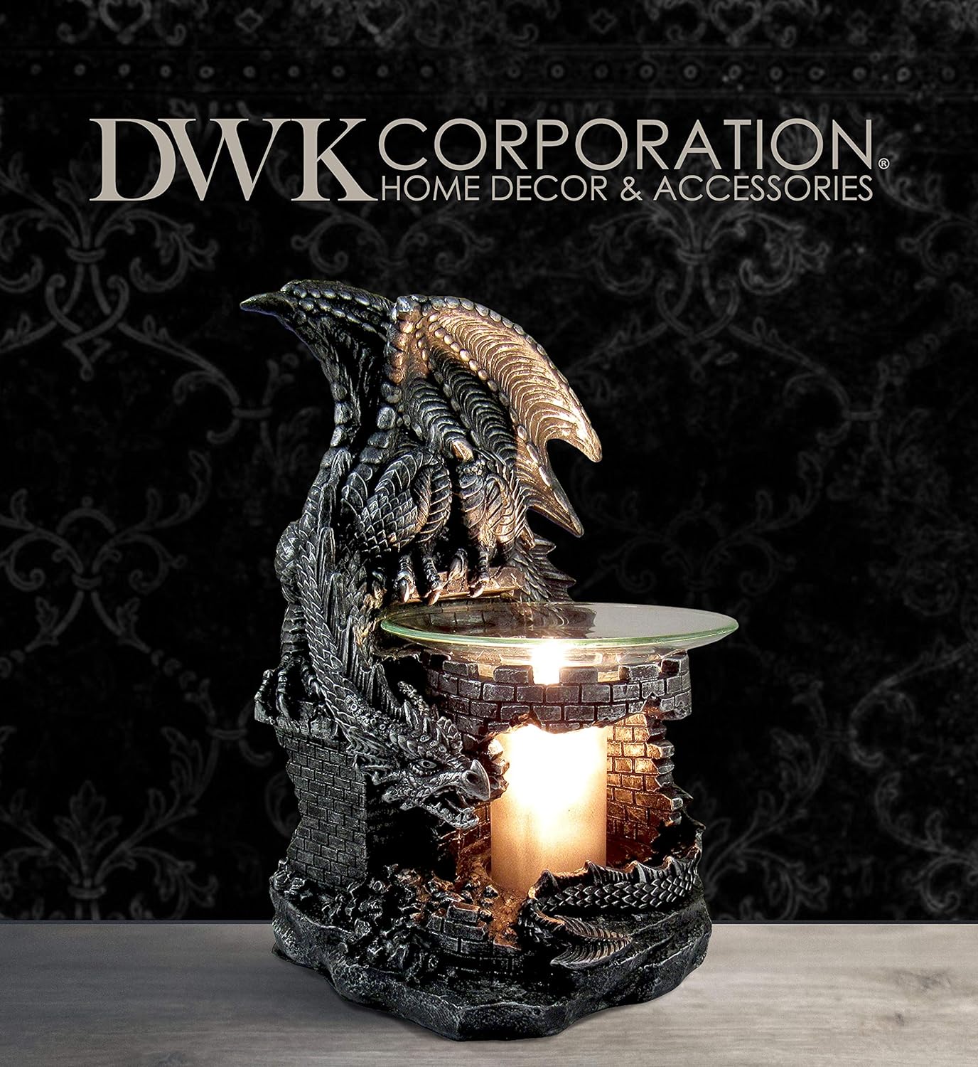 DWK - Fragrance of The Fierce - Mythical Gothic Dragon Castle Guardian Wax Melt Warmer Oil Burner Aromatherapy Lamp Home Decor Accent, Antique Black Pewter Finish, 9-inch