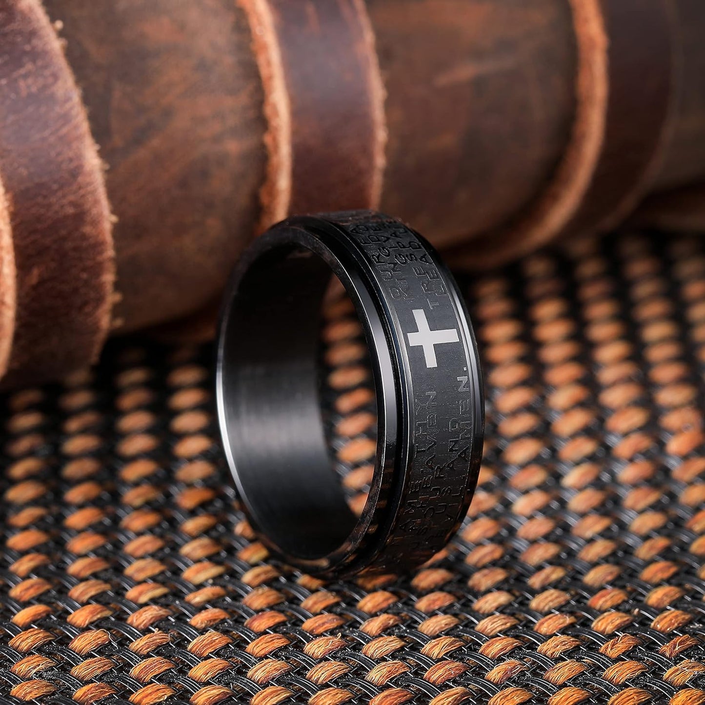 King Will 8mm Black/Gold/Silver Stainless Steel Ring Lord's Prayer Rotatable Ring Men Wedding Band Rings Comfort Fit