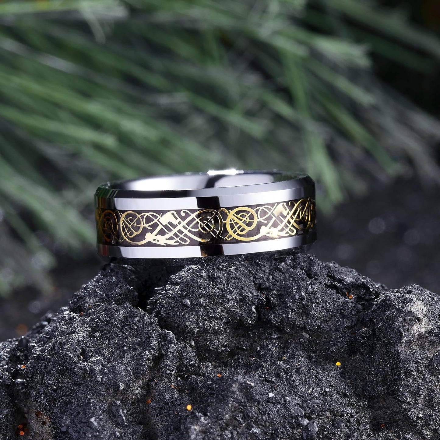 King Will DRAGON Men's 8mm/6mm/5mm Red/Green Carbon Fiber Black Celtic Dragon Tungsten Carbide Ring Comfort Fit Wedding Band