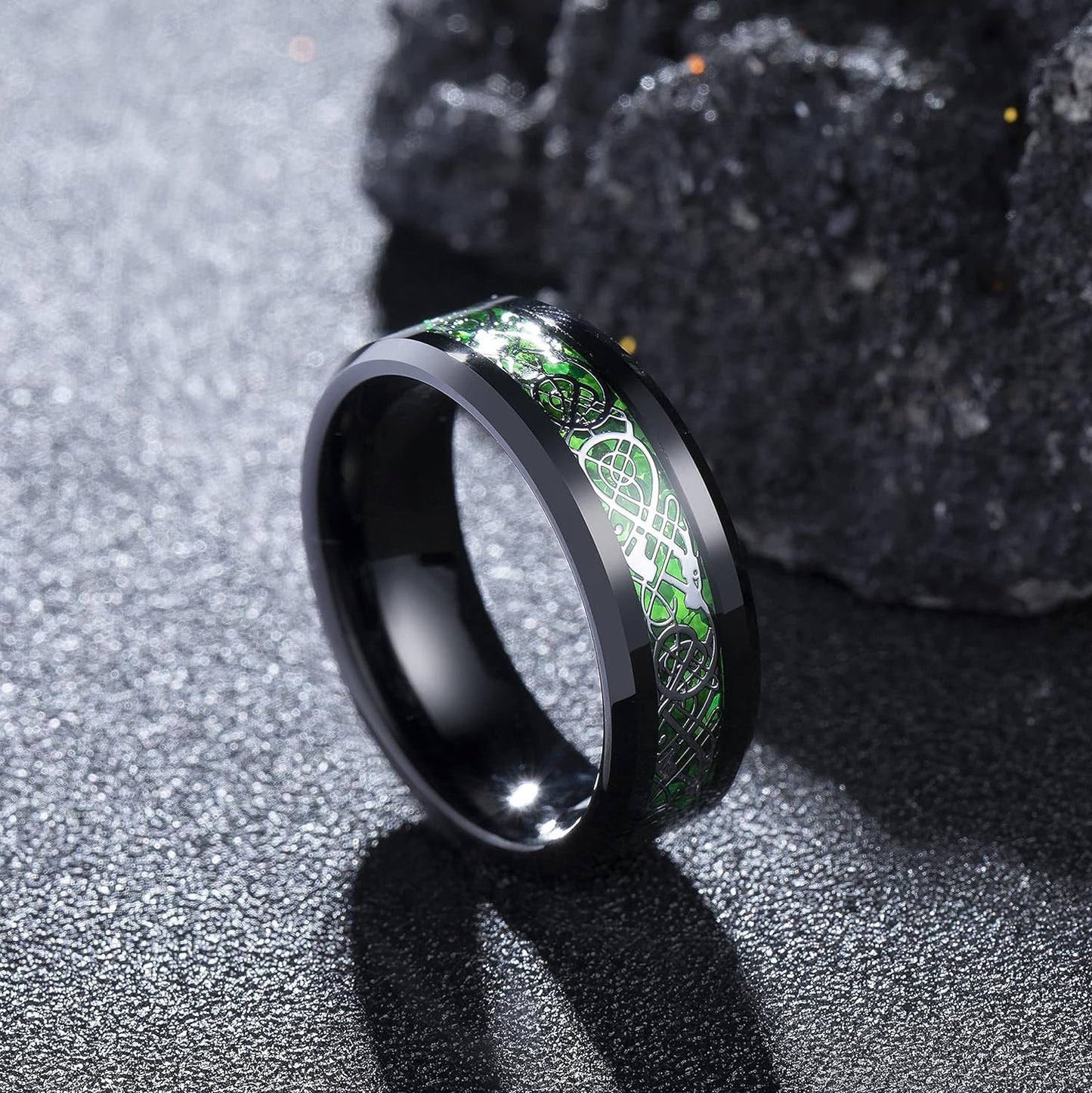 King Will DRAGON Men's 8mm/6mm/5mm Red/Green Carbon Fiber Black Celtic Dragon Tungsten Carbide Ring Comfort Fit Wedding Band
