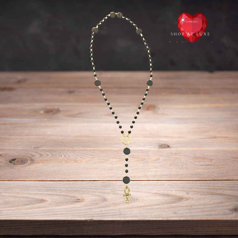 Egyptian Ankh Genuine Onyx Beaded Rosary Necklace