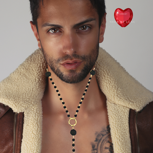 Egyptian Ankh Genuine Onyx Beaded Rosary Necklace