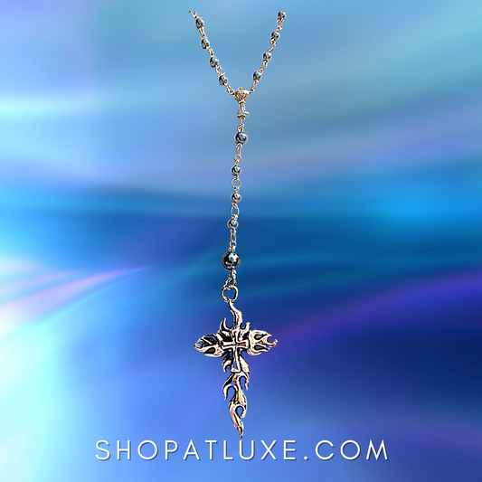 Sapphire Blue Beaded Rosary With Flaming Cross Pendant