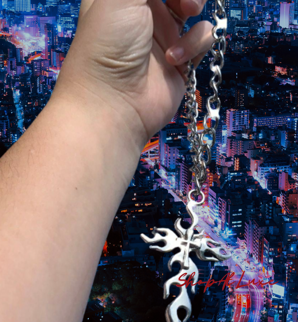 Flaming Cross Steel Necklace