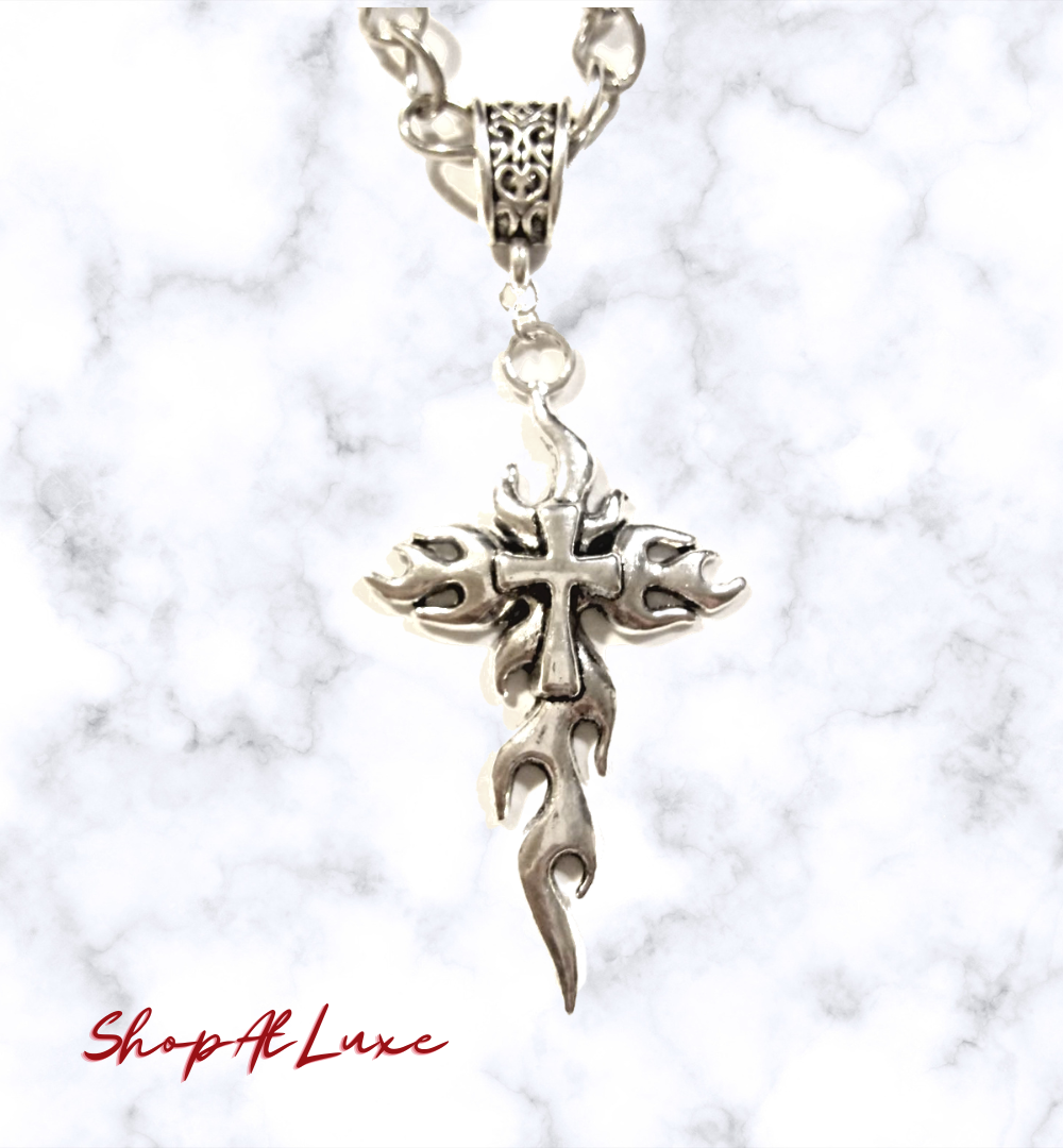 Flaming Cross Steel Necklace