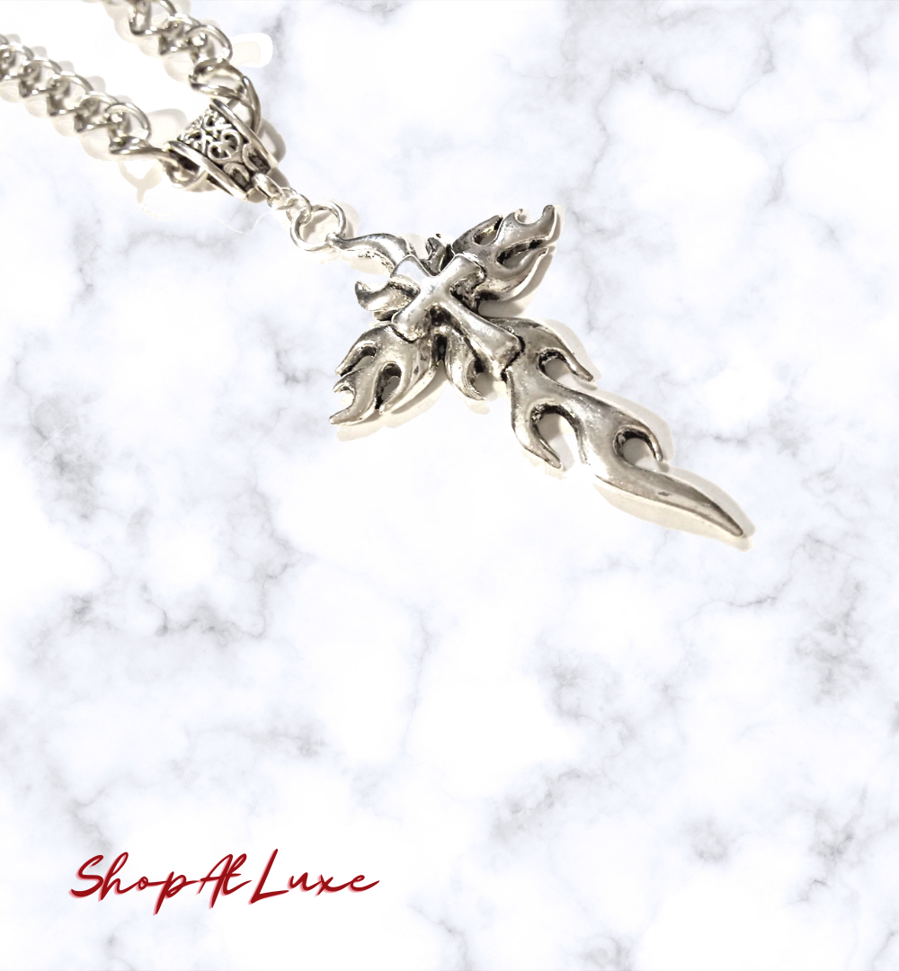 Flaming Cross Steel Necklace