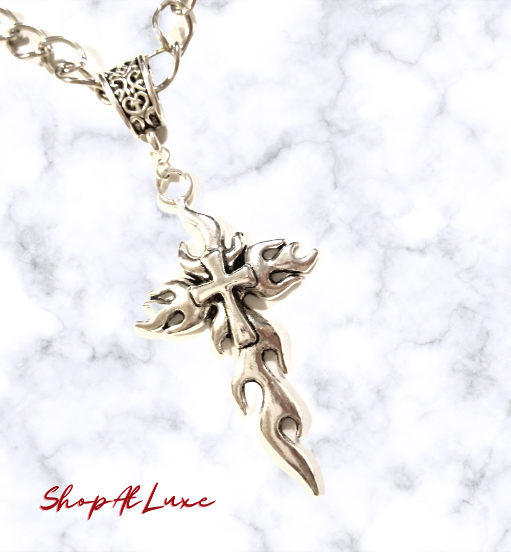 Flaming Cross Steel Necklace
