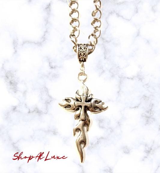Flaming Cross Steel Necklace