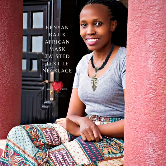 Kenyan Batik African Mask Twisted Textile Necklace