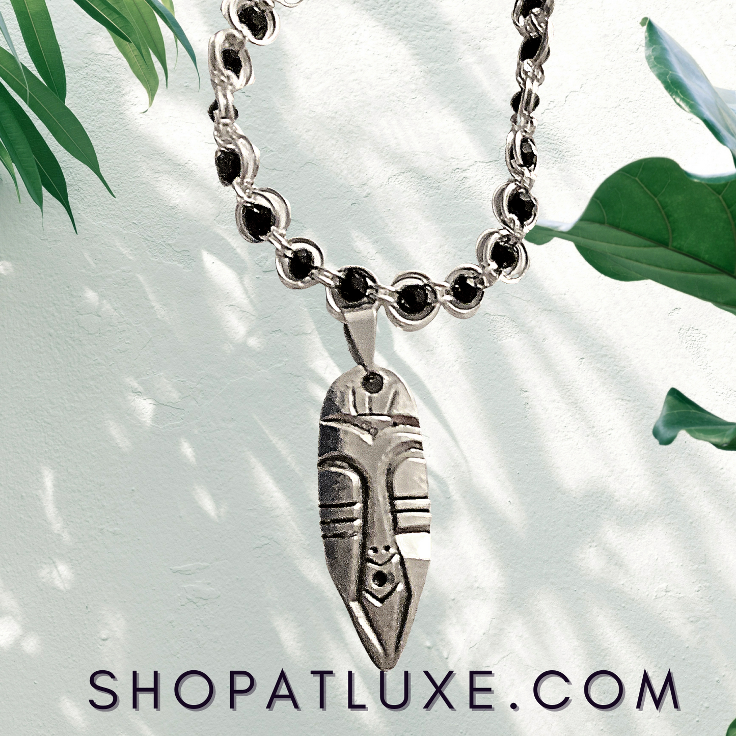 Sterling Silver Kenyan Batik African Mask Crystal Chainmail Necklace