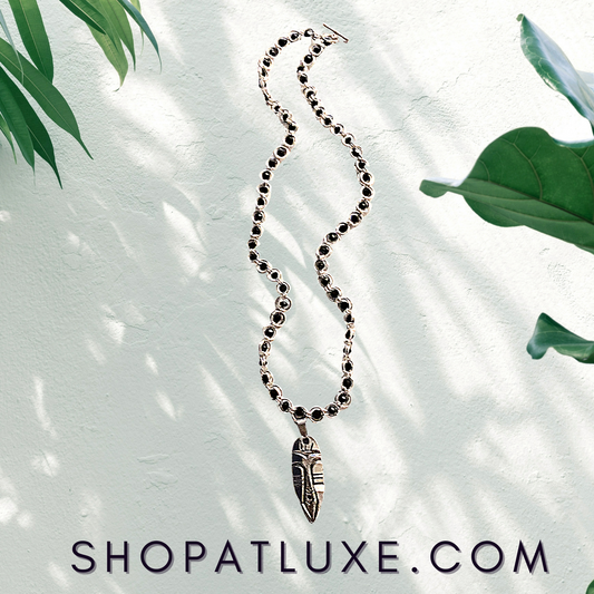 Sterling Silver Kenyan Batik African Mask Crystal Chainmail Necklace