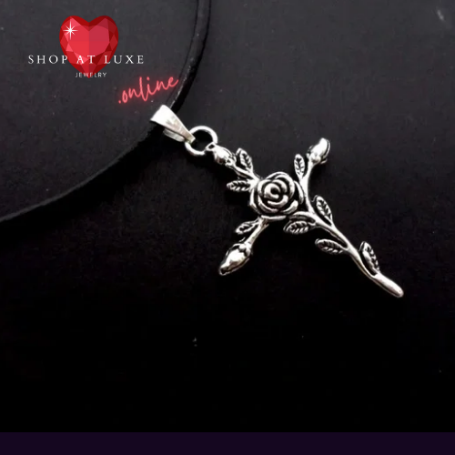 Cross And Roses Steel And Leather Choker Necklace