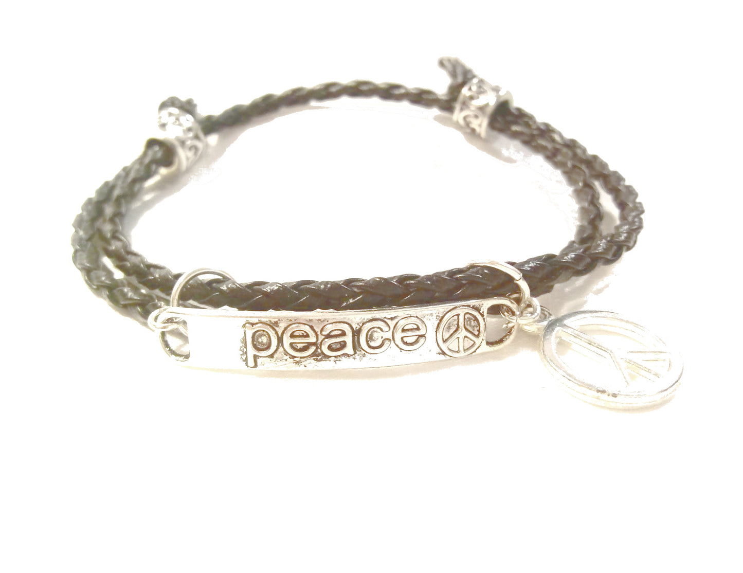 Peace Sign Black Leather Wrap Bracelet