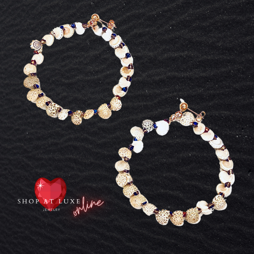 Aqua Crystal Beaded Shell Hoop Earrings