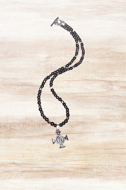 Genuine Hematite Beaded Choker Necklace with Steel Irish Cross