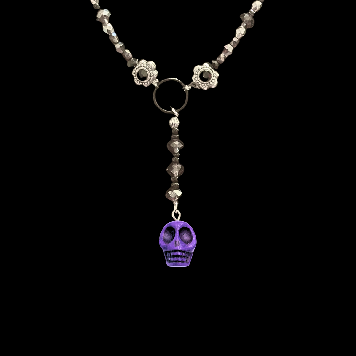 Purple Skull Hand Beaded Lariat Necklace