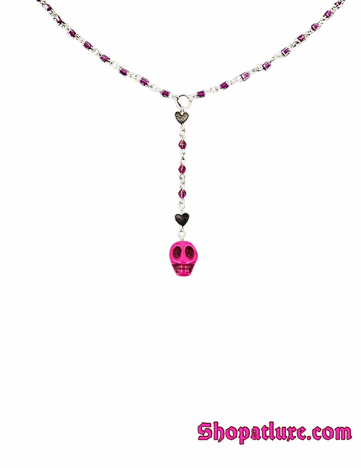 Pink Skull Hand Beaded Lariat Necklace