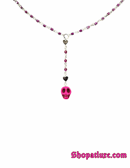 Pink Skull Hand Beaded Lariat Necklace