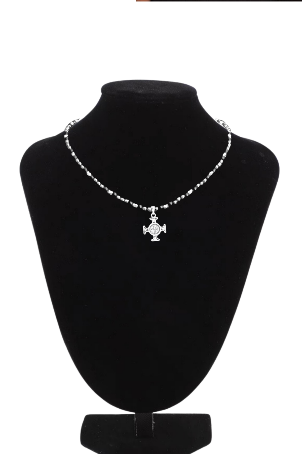 Genuine Hematite Beaded Choker Necklace with Steel Irish Cross