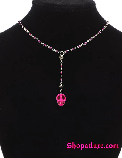 Pink Skull Hand Beaded Lariat Necklace