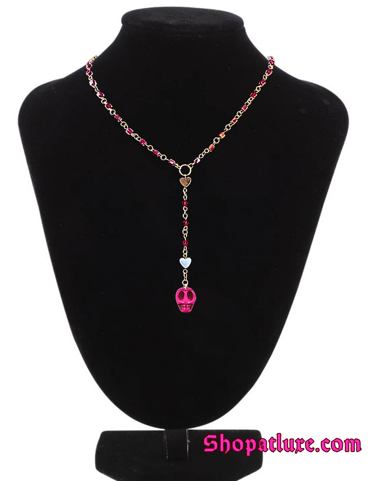 Pink Skull Hand Beaded Lariat Necklace