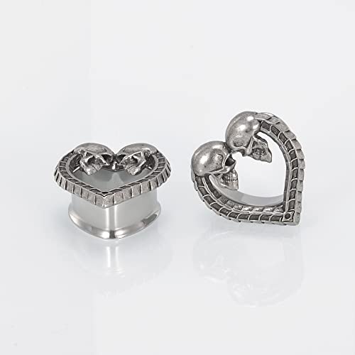 1 Pair Stainless Steel Ear Gauges Tunnels Heart shaped Skull Lovers Antique Silver 0g-1 Inch Single Flare For Men For Women