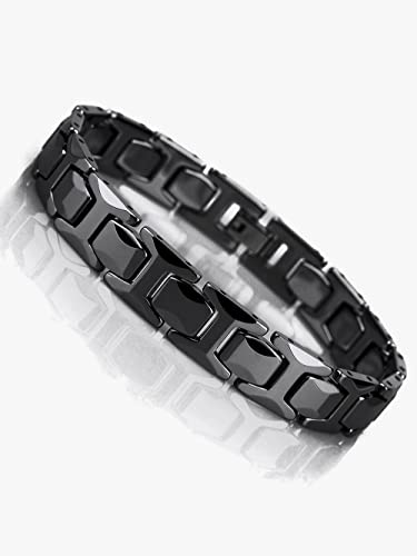 URBAN JEWELRY Stunning Solid Tungsten Link Bracelet for Men Polished Link, Puzzle, Ceramic Style (Silver, Black, 18K Gold Plated Option)