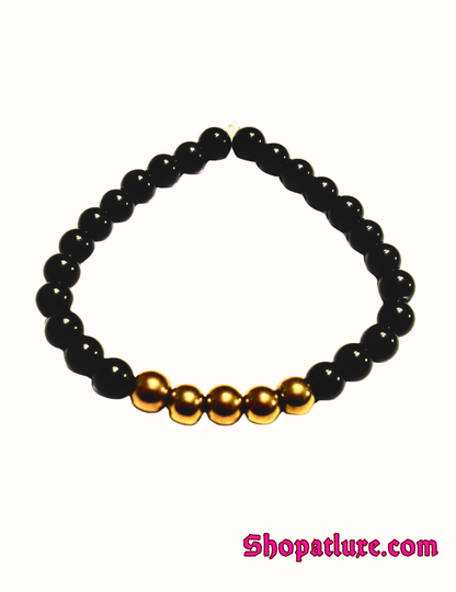 Black Onyx and Gold Hematite Bracelet – Beaded Gemstone Protection Jewelry, Unisex Wrist Accessory, Spiritual Healing Gift