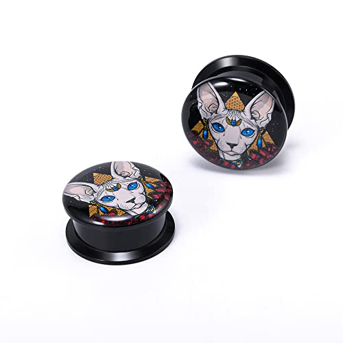 1 Pair Acrylic Solid Screw On Ear Plugs Tunnels Resin Allergy Free Stretcher Egyptian Cat Goddess Egypt Mythology Color Drawing For Women Men Body Piercing Jewelry