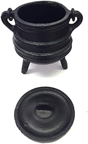 New Age Imports, Inc. Cast Iron Cauldron w/handle & lid, ideal for smudging, incense burning, ritual purpose, decoration, halloween decoration, candle holder, etc. (Ribbed Style 4" High, 2.25" Dia)