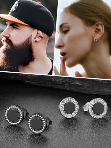 FaithHeart Sterling Silver Viking Runes Earrings for Men Women Black Onyx Stud Earrings Norse Mythology Amulet Jewelry with Gift Box