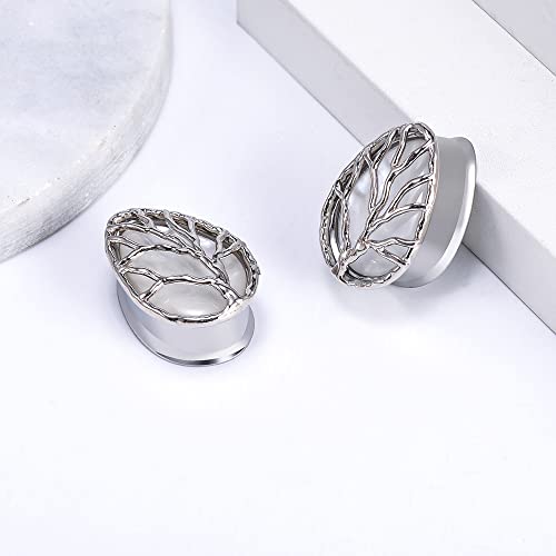 2PCS Teardrop Pearl Shell Ear Gauges Saddle Tunnels Double Flared Plugs Life Tree Elegant Stainless Steel Expander Stretcher Earrings For Women Guage 0g-1"
