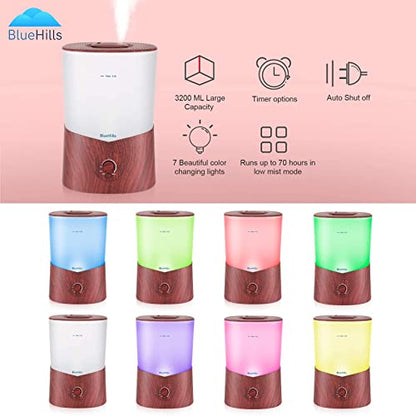 BlueHills Premium 2000 ML XL Essential Oil Diffuser Aromatherapy Humidifier for Large Room Home 40 Hour Run Huge Coverage Area 2 Liter Extra Large Capacity Diffuser Dark Wood Grain (E003)
