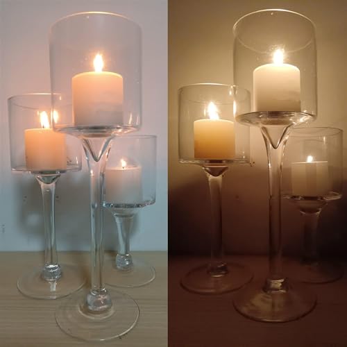 Glass Candleholders Tea Light Candle Holders Clear Wedding Weddings Hurricane Tall Elegant Ideal for Dining Party Home Decor Parties Table Settings Gifts Different Sizes (1 Set Small Clear)