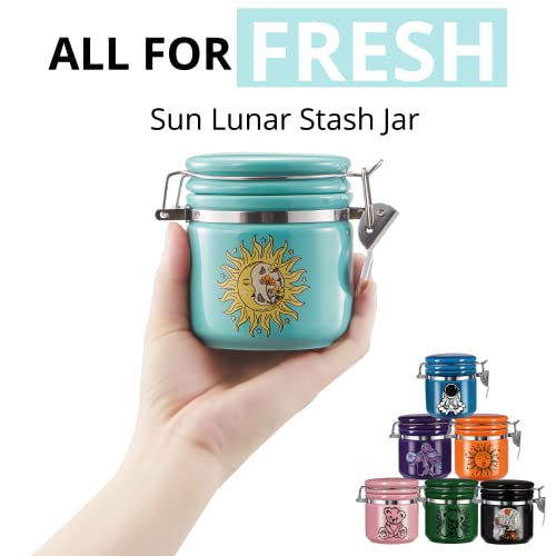 Sun Moon Stash Container Half Oz (250ml), Ceramic Cute Stash Jar Containers w/Clamp Lid, Mystical Celestial Aesthetic Decorative Jar Storage - Double Sealed Airtight Herbs Fresh Jar -Orange