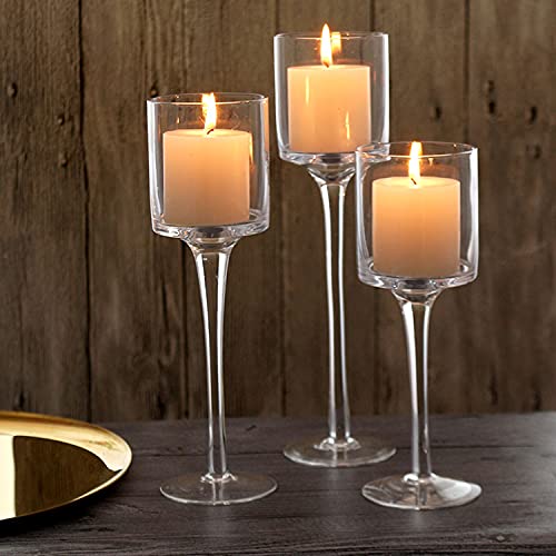 Glass Candleholders Tea Light Candle Holders Clear Wedding Weddings Hurricane Tall Elegant Ideal for Dining Party Home Decor Parties Table Settings Gifts Different Sizes (1 Set Small Clear)