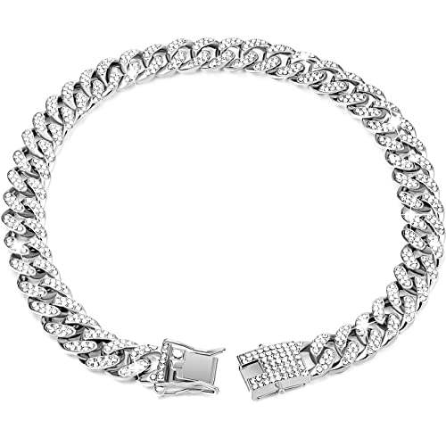 Dog Chain Diamond Collar Walking Metal Chain Collar with Design Secure Buckle, Pet Collar Jewelry Accessories for Small Medium Large Dogs Cats (Silver, 24 Inch)