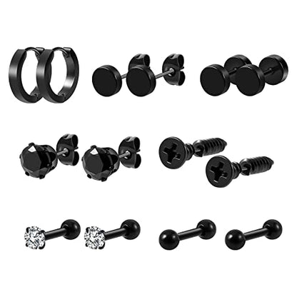 Black Stainless Steel Stud Earrings for Men Women Small Huggie Hoop Earrings Set for Men Cool Goth Punk Earrings Barbell Earrings Black Silver Hoop Cartilage Earring (Classic) (Black Tone)