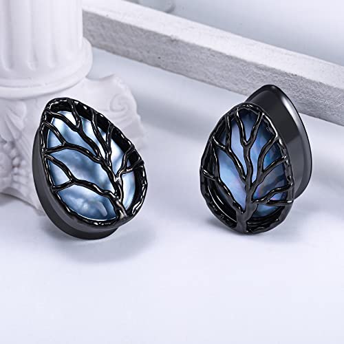 2PCS Teardrop Pearl Shell Ear Gauges Saddle Tunnels Double Flared Plugs Life Tree Elegant Stainless Steel Expander Stretcher Earrings For Women Guage 0g-1"