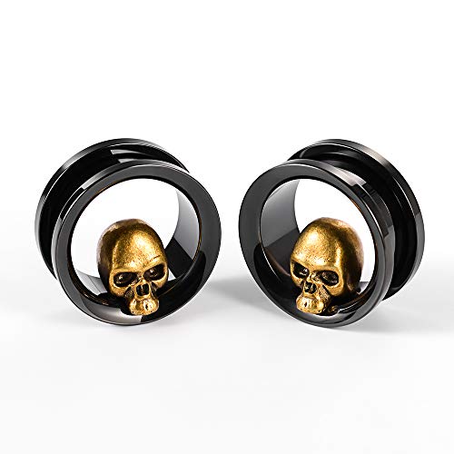 2PCS Stainless Steel Ear Gauges Tunnels Expander Vintage Black Gold Skull 0g-1 inch Body Piercing Jewelry