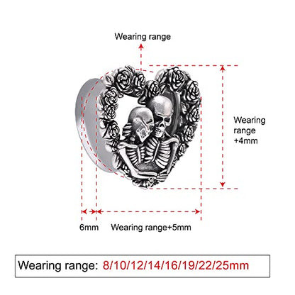 1 Pair Stainless Steel Ear Gauges Tunnels Heart shaped Skull Lovers Antique Silver 0g-1 Inch Single Flare For Men For Women