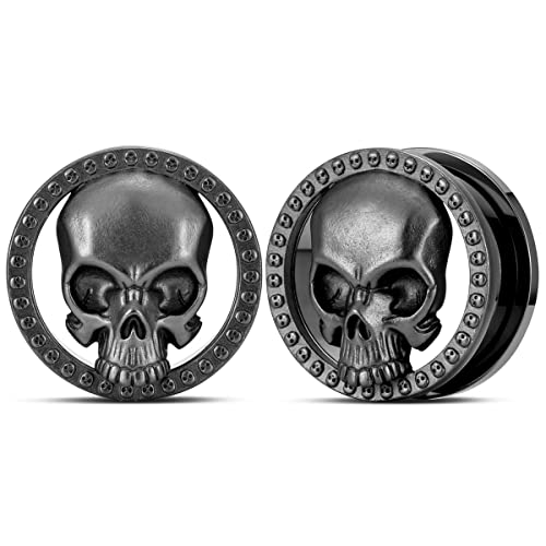 2PCS Cool Ear Gauges Gothic Skull Flesh Tunnels Screw Fit Plugs For Stretched Ears Expander Hanger Piercing Jewelry 0g to 1 inch