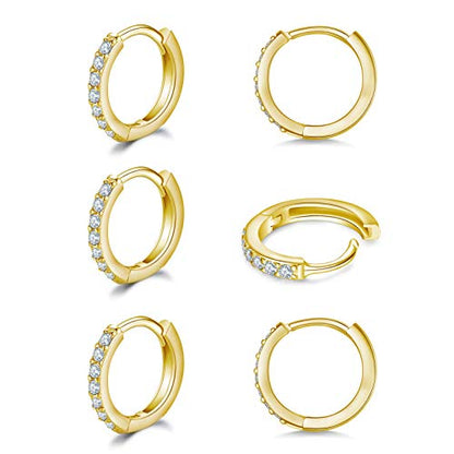 925 Sterling Silver Small Hoop Earrings Cubic Zirconia Huggie Hoop Earrings, 3 Pairs 14K White Gold Plated Cartilage Piercing Earrings Ear Cuff Tiny Hoop Earrings for Women Men