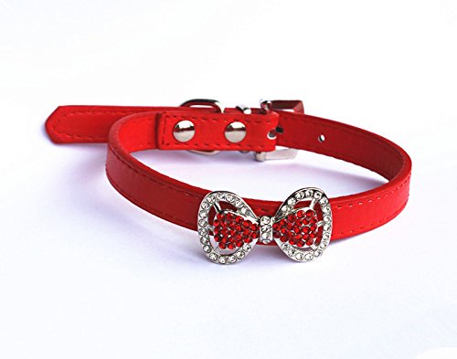 Leather Rhinestone Bow Tie Pet Cat Dog Collar Necklace Jewelry for Small Dogs Girl Kitten Puppy Teacup Chihuahua Yorkie Clothes Costume Outfits (5.9 to 8.2-Inch, Purple)