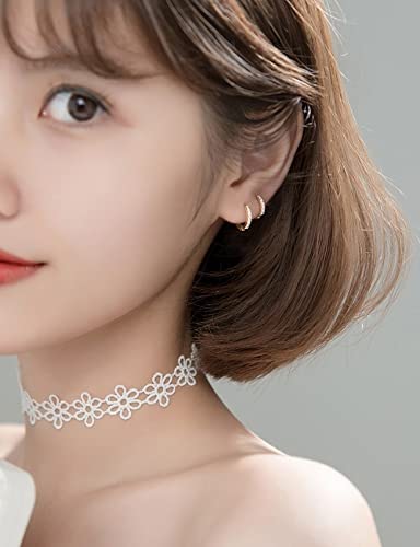 925 Sterling Silver Small Hoop Earrings Cubic Zirconia Huggie Hoop Earrings, 3 Pairs 14K White Gold Plated Cartilage Piercing Earrings Ear Cuff Tiny Hoop Earrings for Women Men