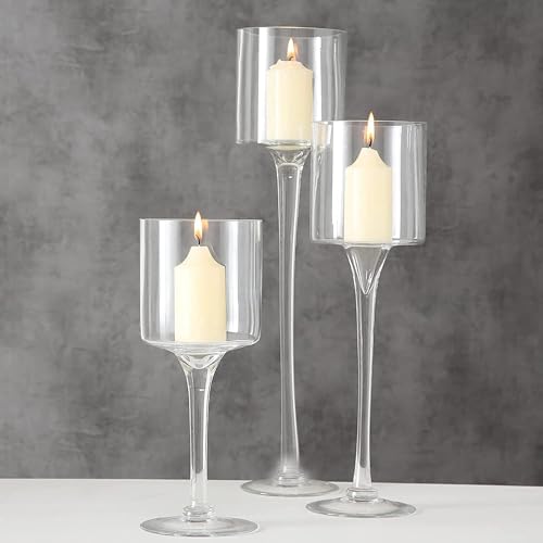 Glass Candleholders Tea Light Candle Holders Clear Wedding Weddings Hurricane Tall Elegant Ideal for Dining Party Home Decor Parties Table Settings Gifts Different Sizes (1 Set Small Clear)