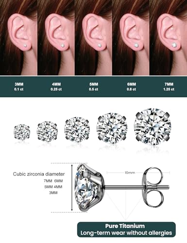 5 Pairs Stud Earrings Set, Hypoallergenic Cubic Zirconia 316L Earrings Stainless Steel CZ Earrings 3-8mm (Steel color)